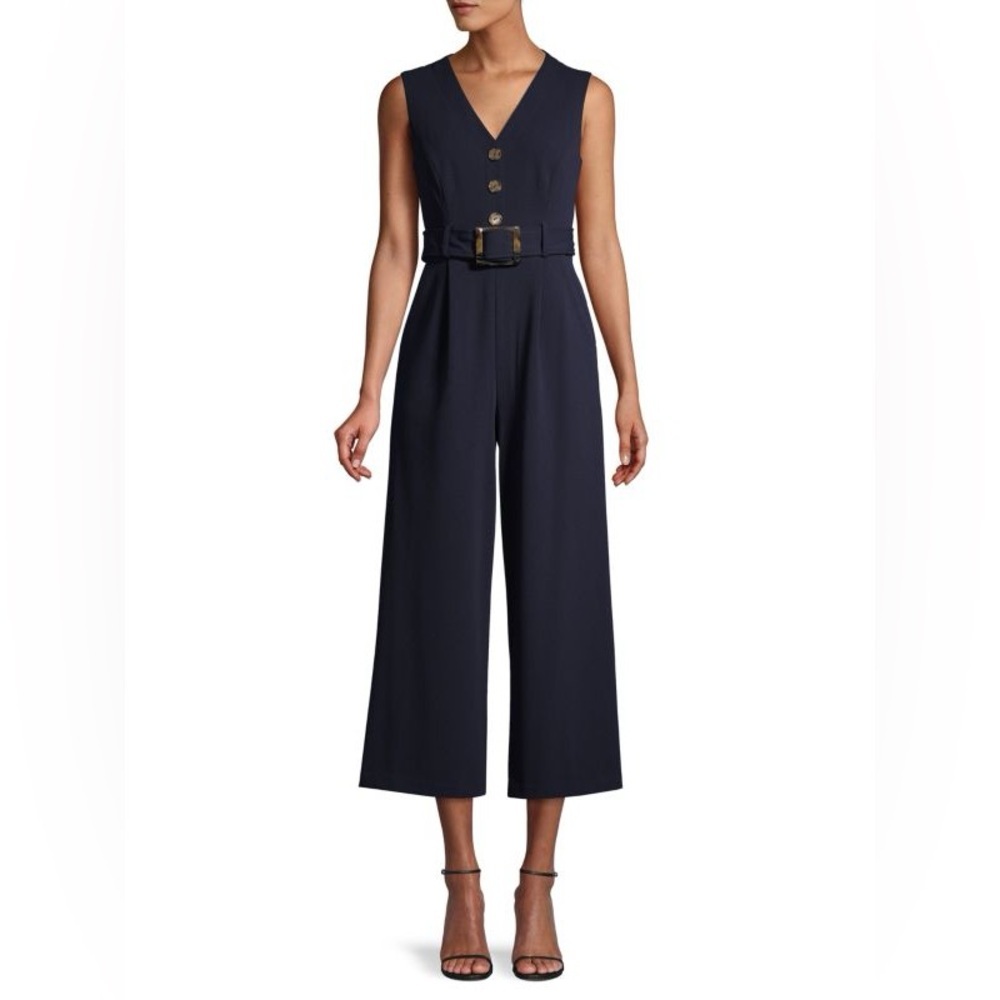 Calvin Klein Navy Sleeveless Wide-Leg Belted Jumpsuit